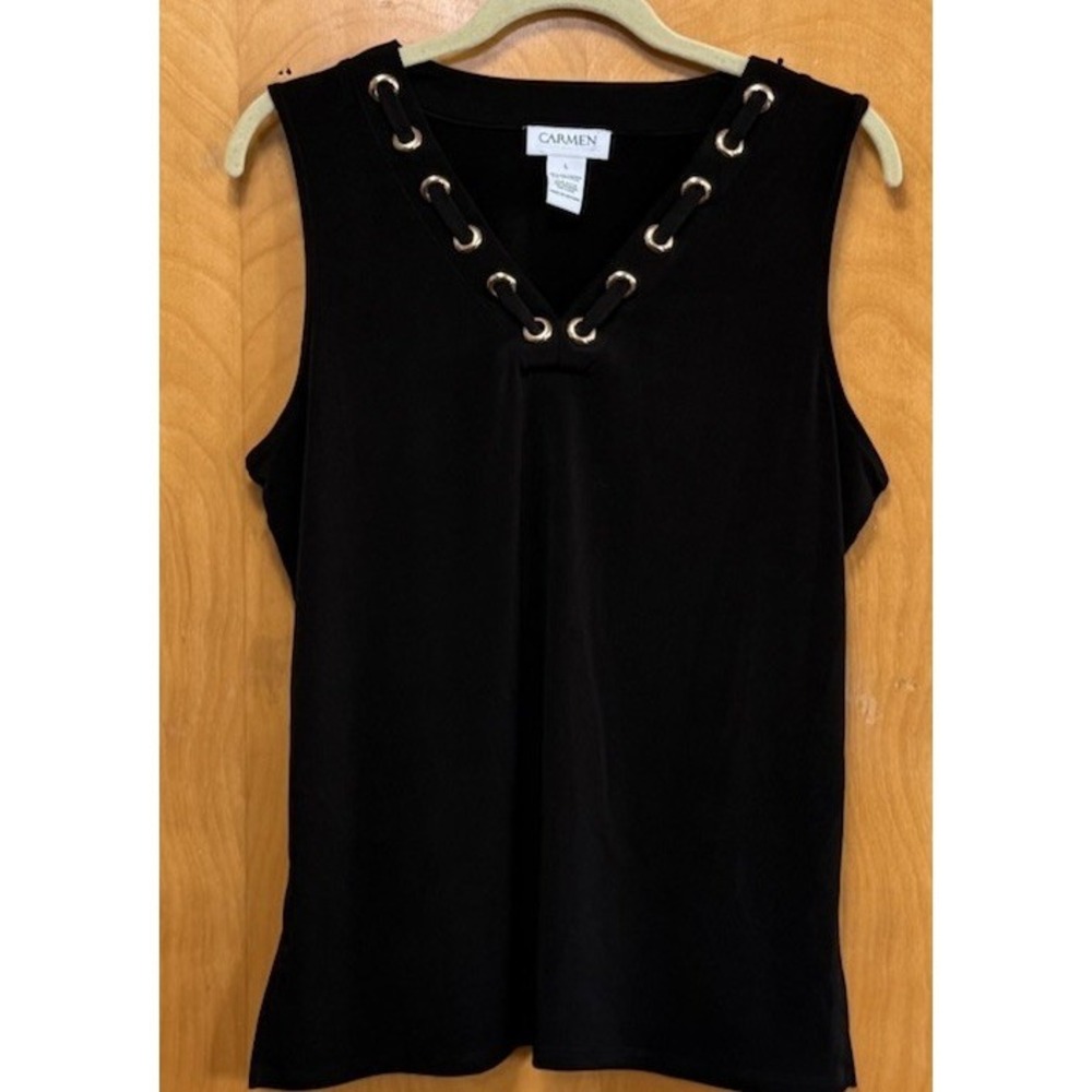 Carmen Marc Valvo Womens Gold Grommet Detailed V Neck Tank Top Black Sz L